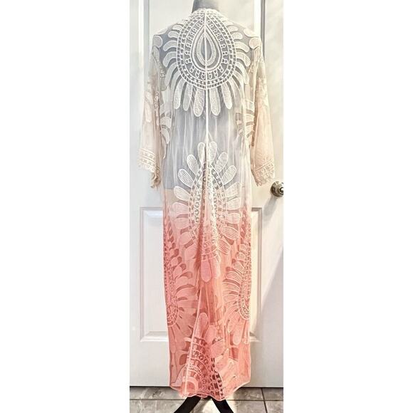 Womens Embroidered Ombre Lace Kimono Boho Sheer 3/4 Sleeve Rose OSFM 48x20 - Picture 4 of 6
